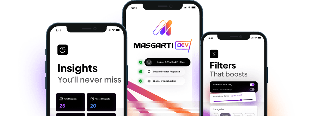 Masgarti.Dev app previews on three phones
